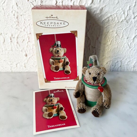 Hallmark Threadbear Christmas Ornament 2002 - Teddy Bear Thread Spool Thimble - Picture 1 of 10